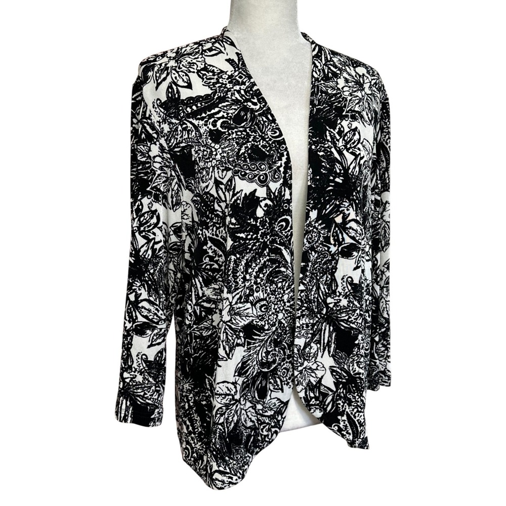 Chicos Womens Tunic Cardigan Sz 2/L Slinky‎ Knit Abstract Floral Paisley Travel